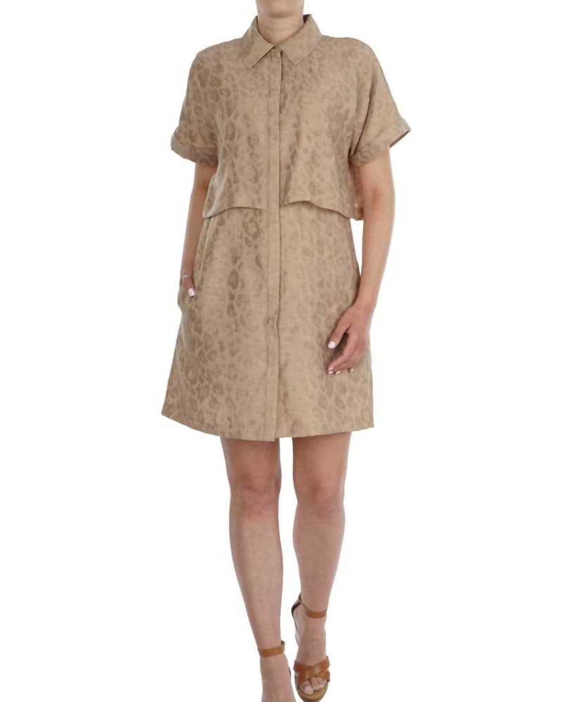 Front of a model wearing a size L Animal Jacquard Shirt Dress in Beige in Beige by SCOTCH & SODA. | dia_product_style_image_id:346542